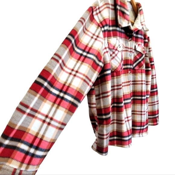 XXL Plaid Fleece Button Down Jacket w/Sherpa Lining & Chest & Front Side Pockets - Picture 4 of 9